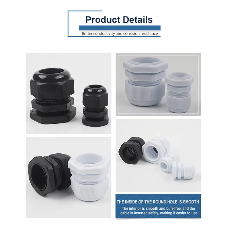 IP68 Waterproof Cable Gland Black Plastic Seal Joint Nylon M12/M16/M18/M20/M22/M25/M27/M30 White Waterproof Cable Connector