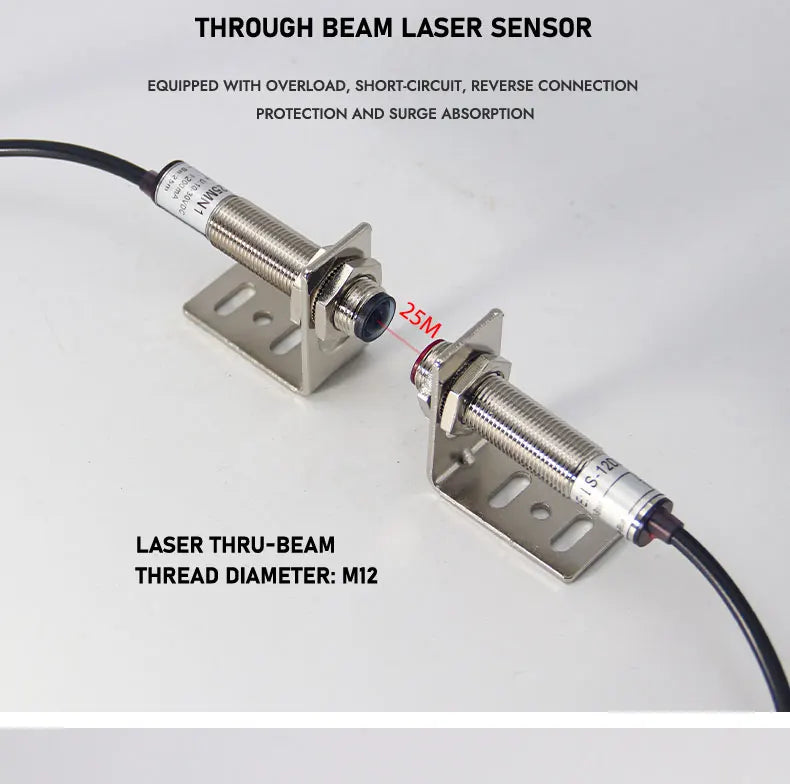IP65 Waterproof Laser Photoelectric Switch M12 Laser Beam Sensor Detector 25m Distance NPN PNP Photoelectric Proximity Switch