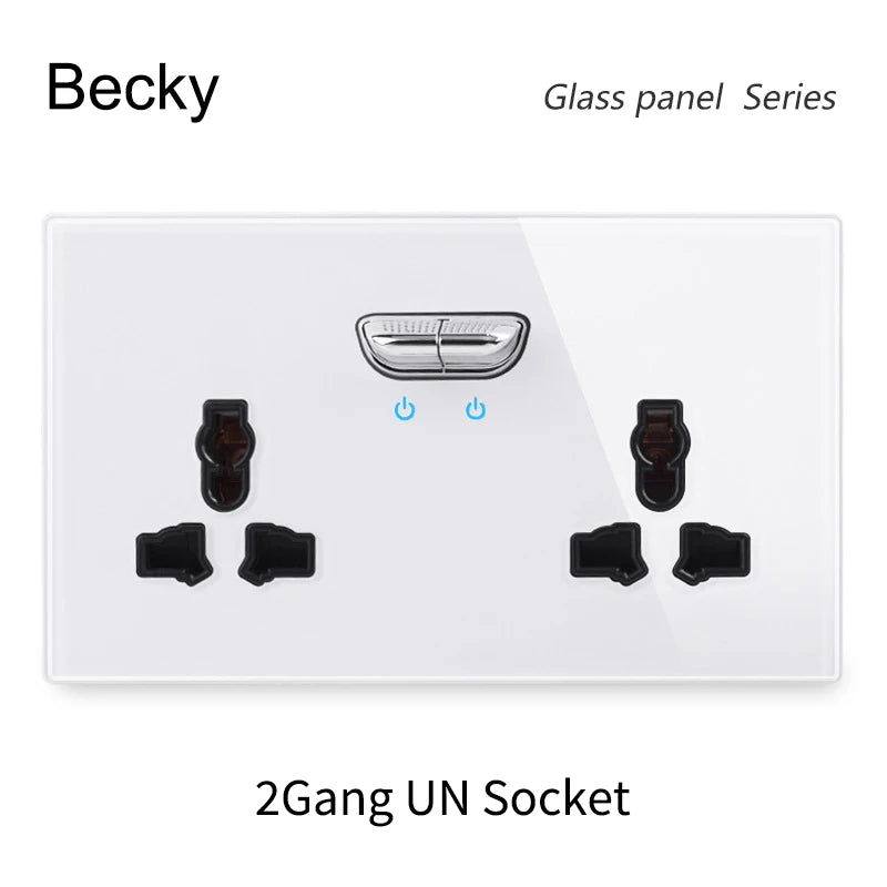 146 13a Reset Toggle Tempered Glass 2Gang UK Socket Switch Combination Panel Power Socket Office Hotel Home Villa Decoration
