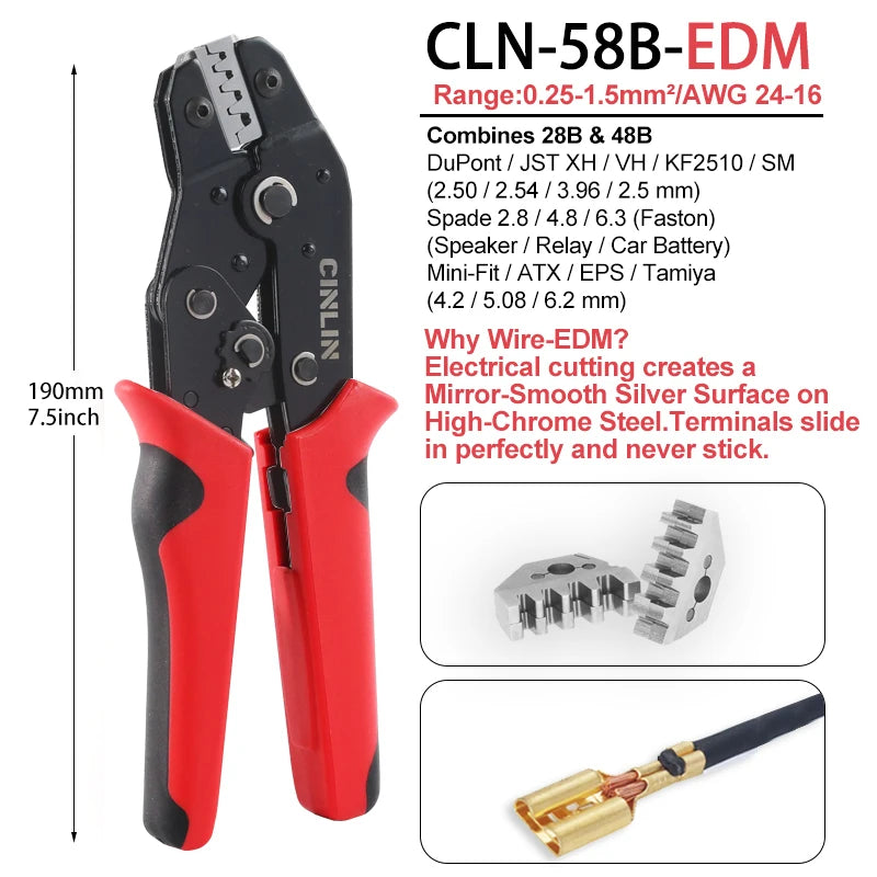CLN-58B 0.25-1.5mm² Open Barrel Terminals Pliers Crimping Tool (24-16AWG) for JST, DuPont, Molex, PH XH 2.54 3.96 4.2mm Pitch