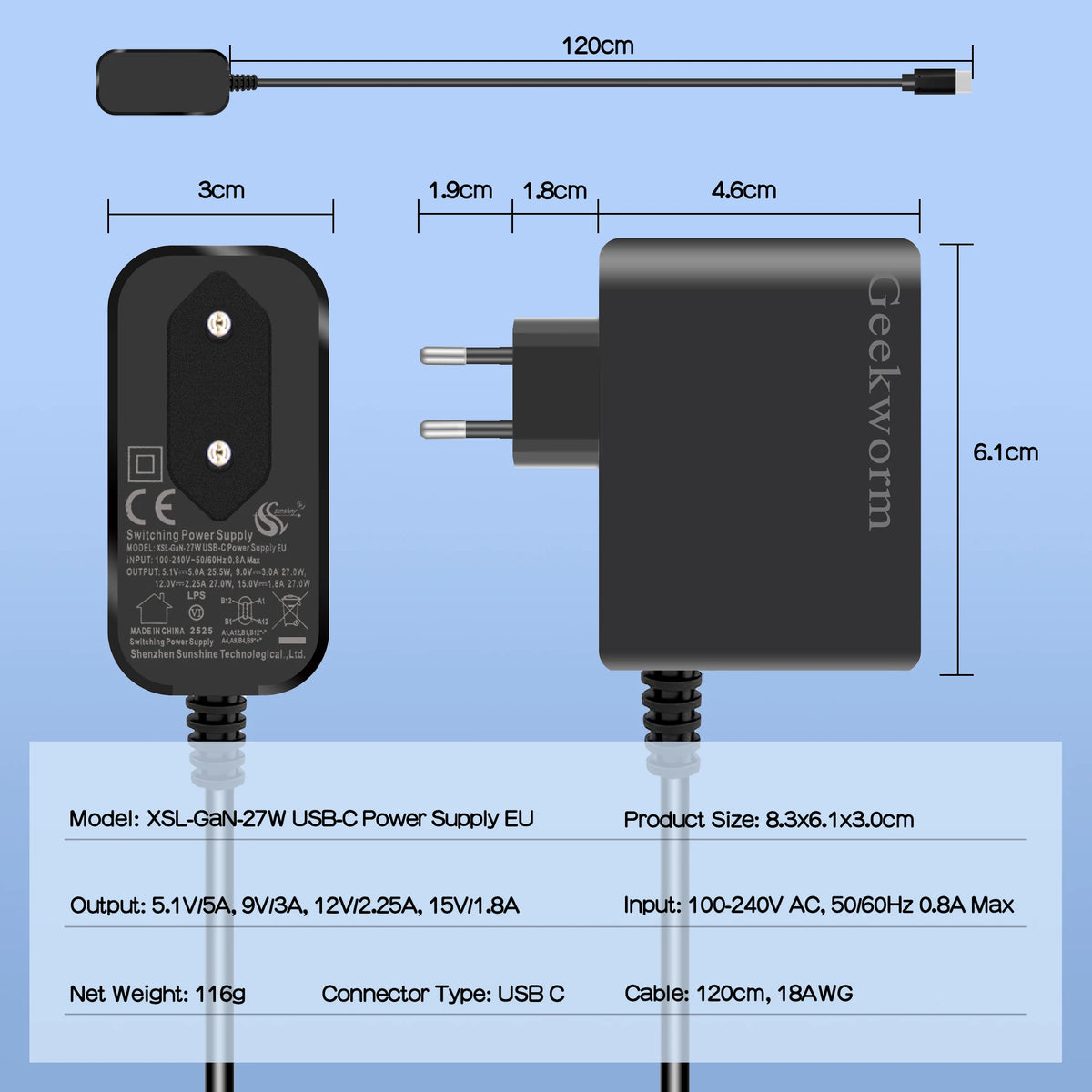Geekworm Raspberry Pi 5 USB-C Power Adapter, GaN PD 27W Type C Power Supply for Raspberry Pi 5