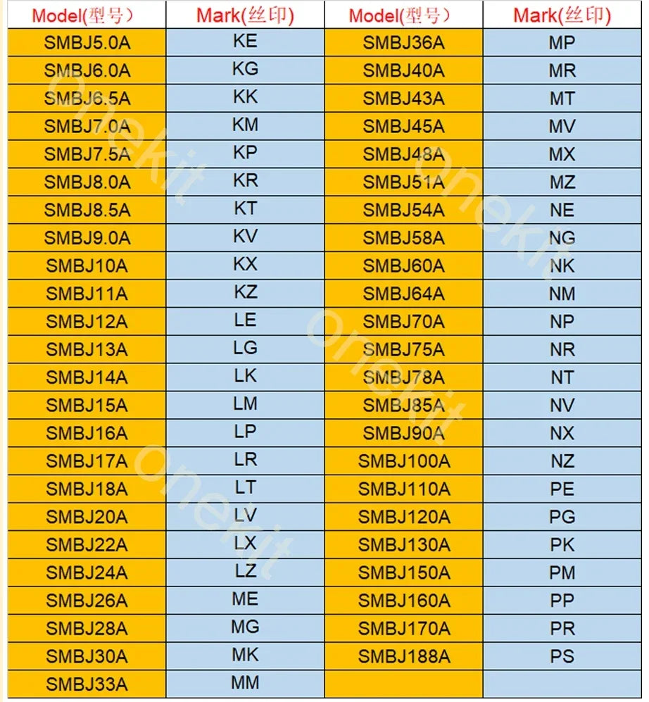 50pcs SMD One Way TVS Diode SMBJ5.0A - SMBJ188A