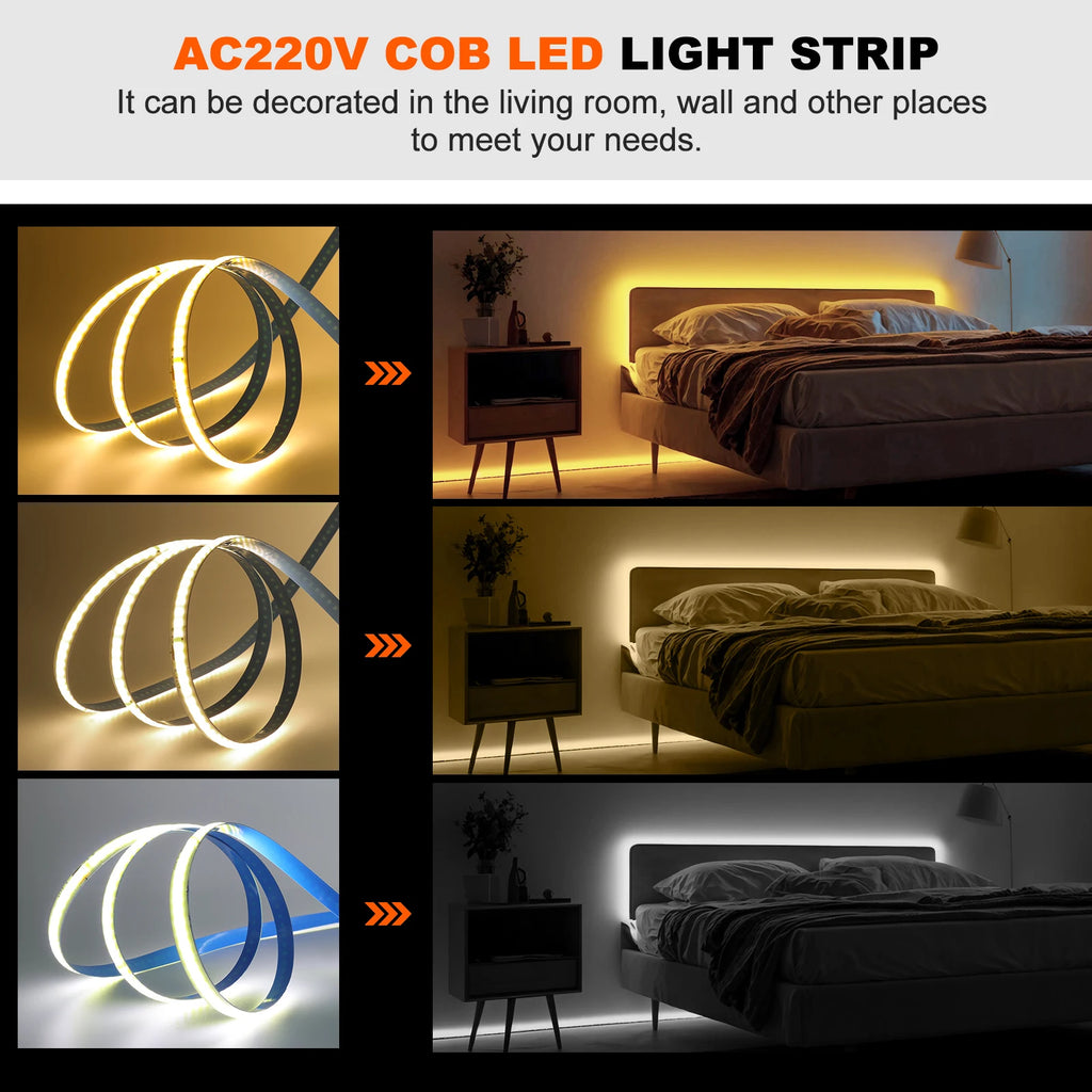 5M 10M 20M 50M/Roll COB Strip AC 220V 240Leds/M IP20 3000K 4000K 6000K Driver Build In Home Decor Flexible Ribbon Rope LED Light