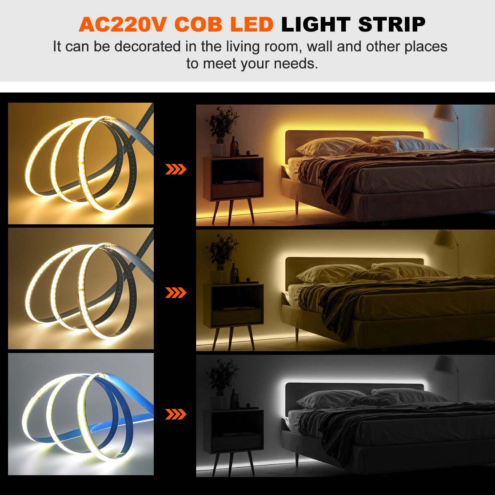 5M 10M 20M 50M/Roll COB Strip AC 220V 240Leds/M IP20 3000K 4000K 6000K Driver Build In Home Decor Flexible Ribbon Rope LED Light