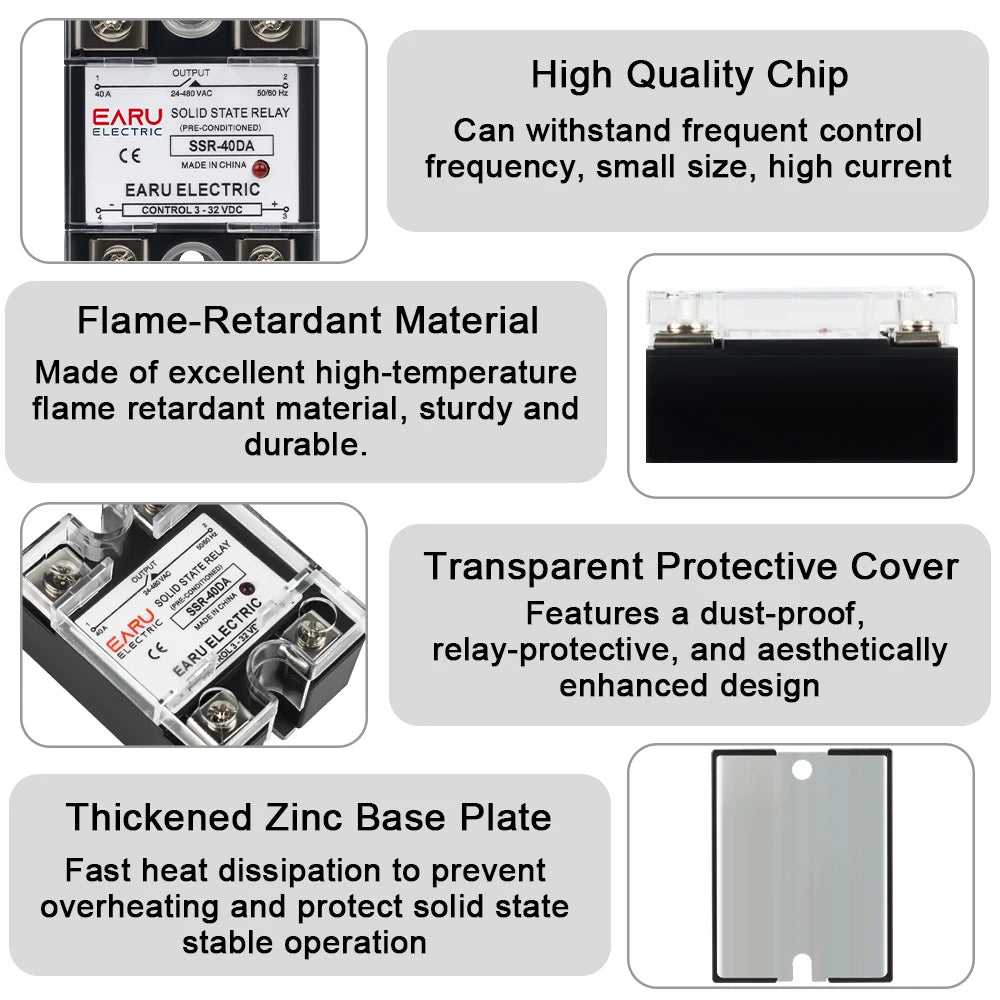 EARU Single Phase Solid State Relay Module SSR-25DA SSR-40DA SSR-40AA SSR-40DD SSR 10A/25A/40A/60A/80A/100A/120A/150A DD DA AA