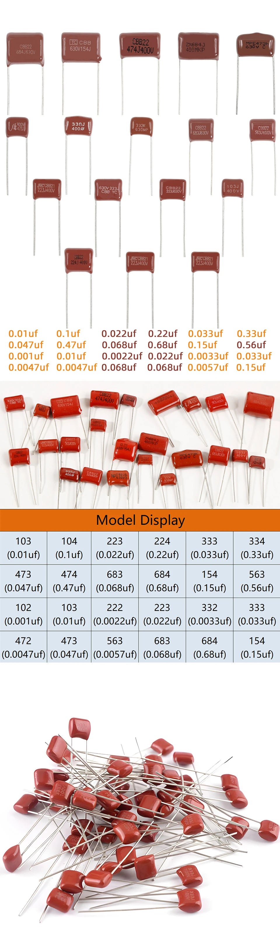 10pcs CBB Capacitors Metallized Polypropylene Film Capacitor 0.01uf 0.22uf 0.33uf 0.47uf 0.68uf 1nf 10nf 22nf 23nf 47nf 68nf