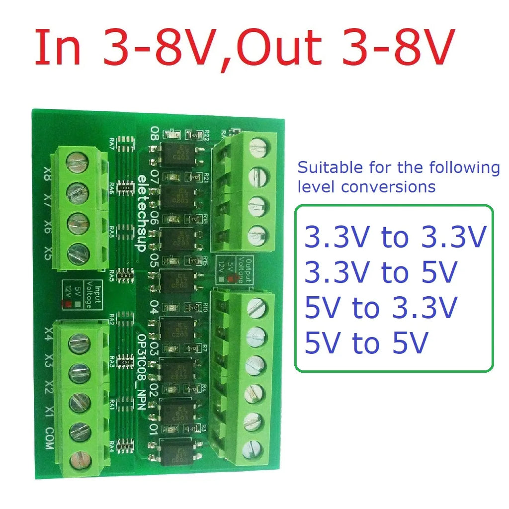 8CH Opto Isolated Level Converter Module NPN PNP 3.3V 5V 12V 24V for Arduino PLC Raspberry Pi MCU 3000V Isolation