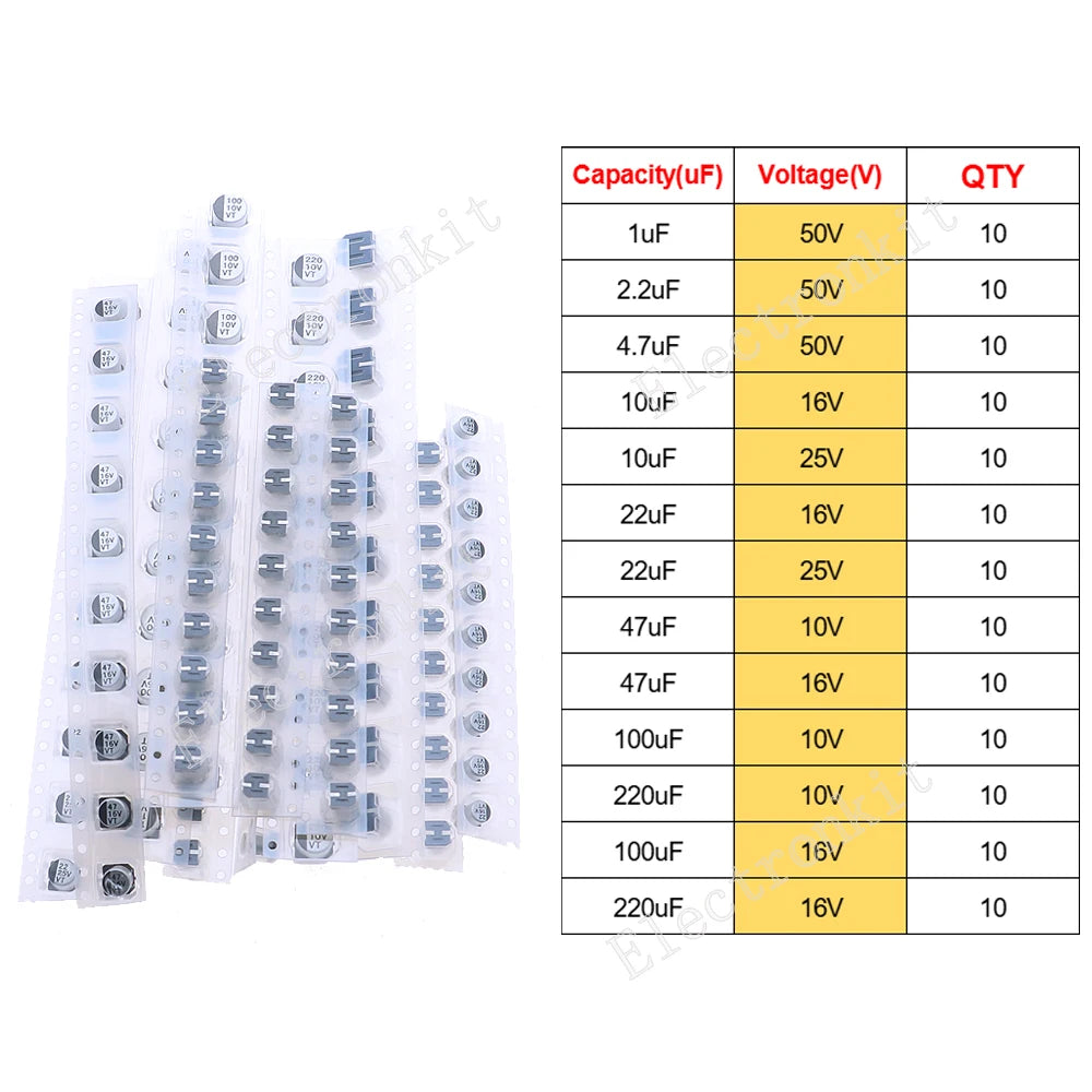 16V 25V 35V 50V 0.1uF to 2200uF DIP SMD Aluminum Electrolytic Capacitors Assortment Kit Set