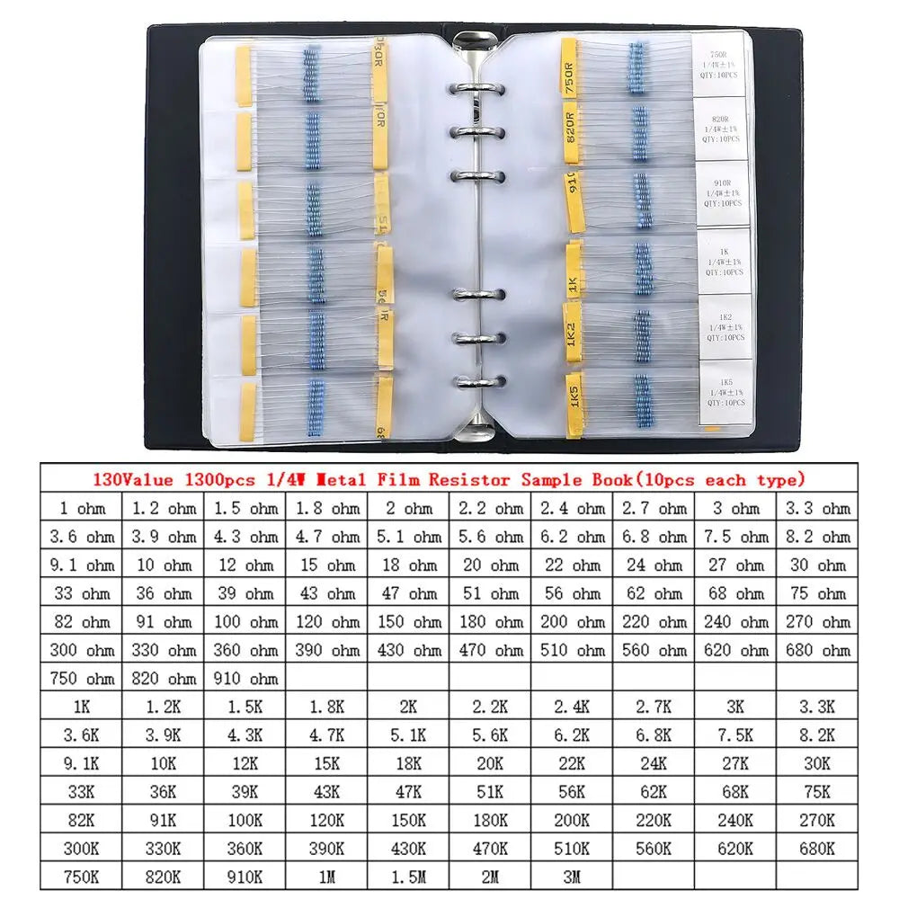 1300pcs 130Value 1% 1/4W Metal Film Resistors Sample Book 0.25W 1R-3M  Assorted kit
