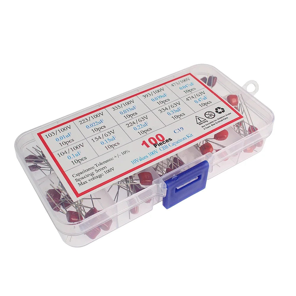 100pcs/box CBB Polypropylene Film Capacitor Assortment Kit 10nF~470nF 10nF 22nF 33nF 39nF 47nF 100nF 150nF 220nF 330nF 470nF