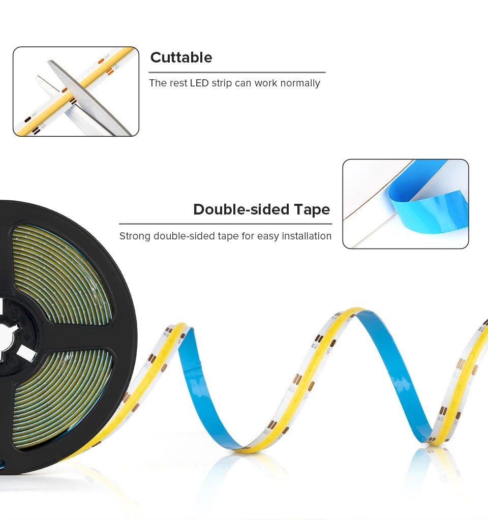 FCOB CCT LED Light Strip 640 LEDs High Density Flexible FOB COB 10mm Led Lights RA90 3000K to 6000K Linear Dimmable DC12V DC24V