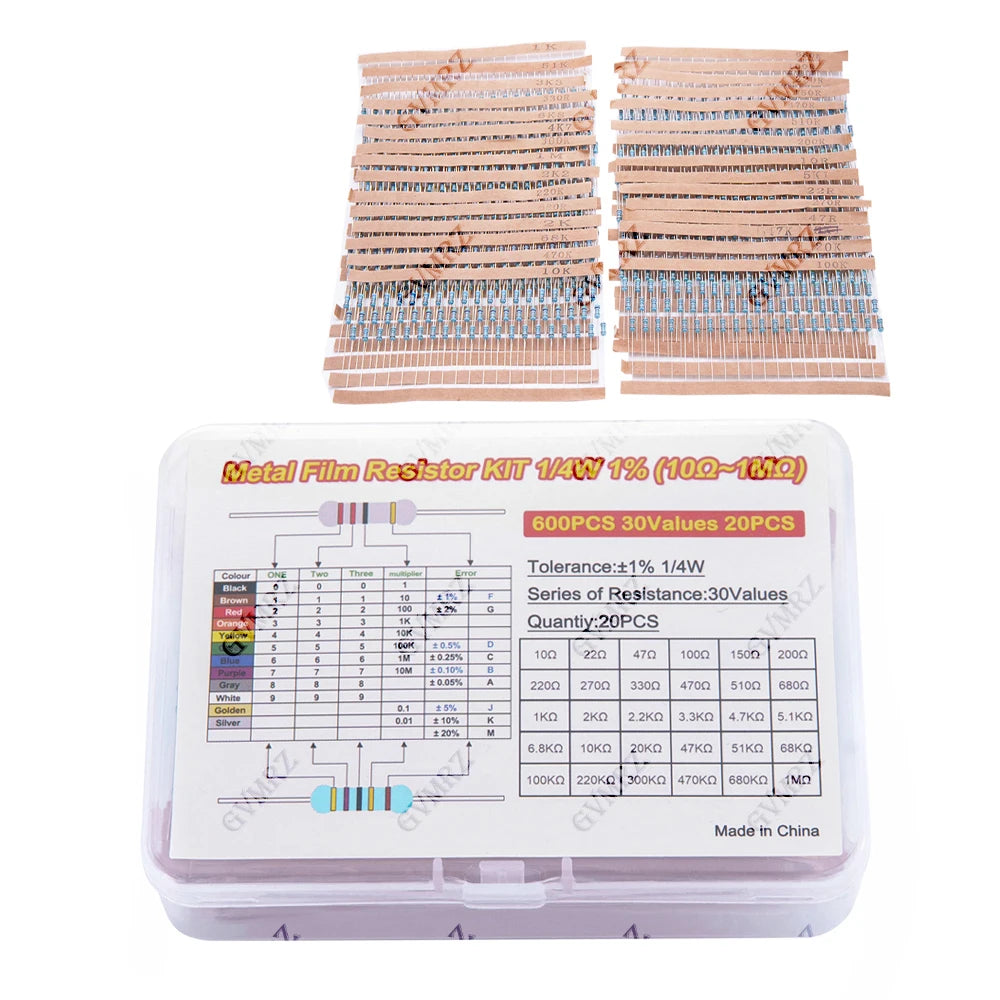 600PCS 30Values 1/4W Metal Film Resistor Assortment Kit -20PCS Each, Boxed for Electronics DIY, Projects & Repair