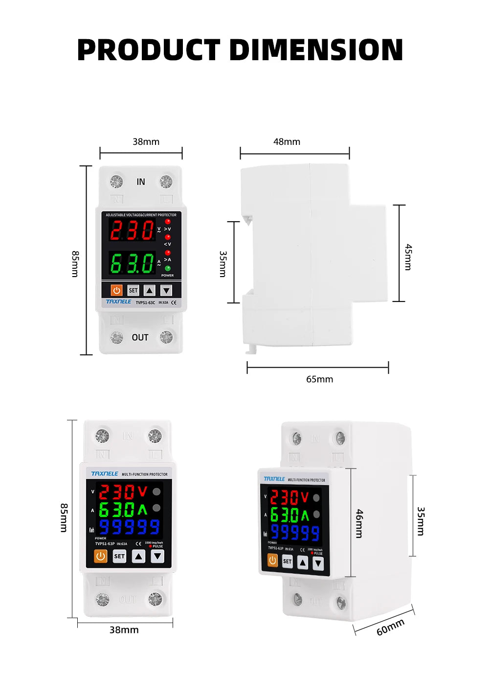 63A 230V Din Rail Adjustable Over Under Voltage Protective Device Protector Relay Over Current Protection Energy KWH Meter