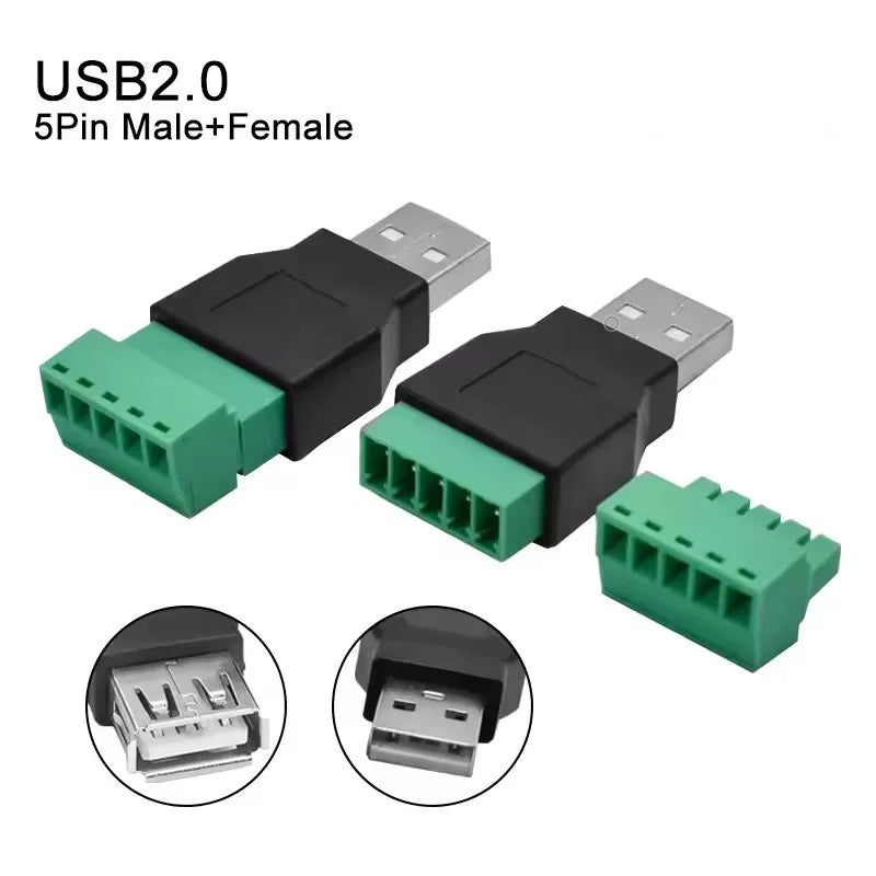 USB Jack USB2.0 To Screw Terminal Plug Adapter USB 2.0 Type A Male Female To 5 Pin Screw Connector No Soldering