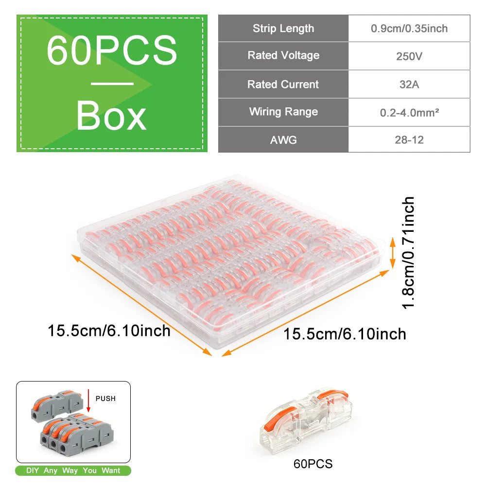 60Pcs 221 Series 1 In 1 Out Quick Wire Connector Lever Type Terminal Block 0.2-4mm² 32A 250V Electrical Cable Splicing Connector