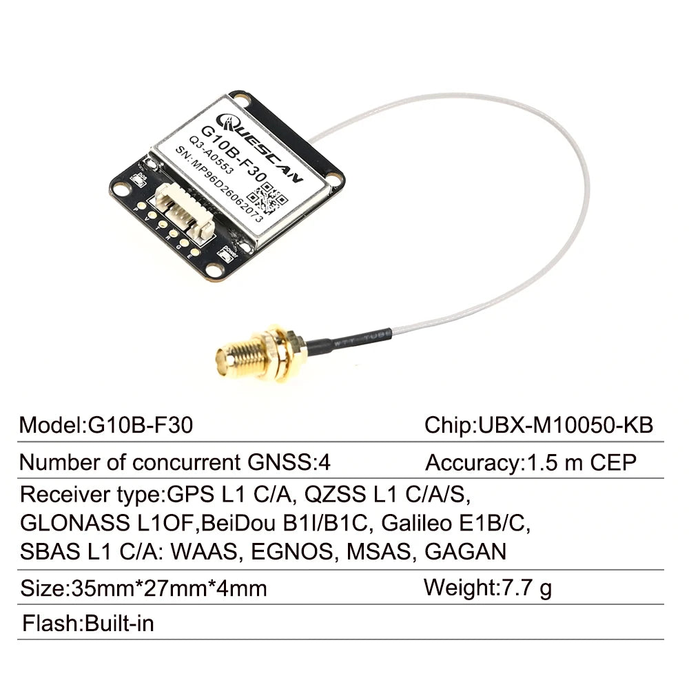 QUESCAN G10B-F30 UBX M10 GPS Module with Active Antenna Arduino ESP32 NMEA GPS GLONASS Galileo BeiDou QZSS Receiver GNSS Module