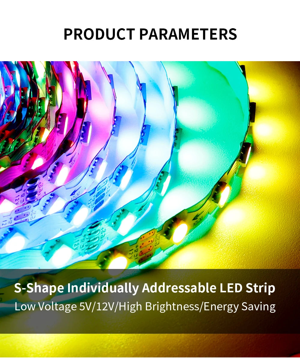 WS2812B WS2815 S-Shape Individually Addressable LED Strip Light 60LEDs/m Smart RGBIC Dream Color S Bendable 8mm Pixels Tape Bar