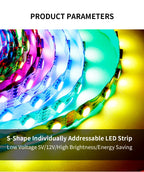 WS2812B WS2815 S-Shape Individually Addressable LED Strip Light 60LEDs/m Smart RGBIC Dream Color S Bendable 8mm Pixels Tape Bar