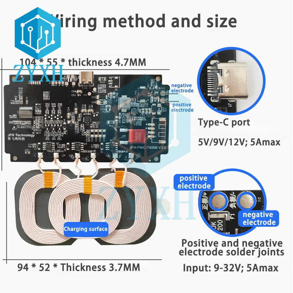 20W 22W Car Wireless Charging Mobile Phone Wireless Charger Module with Three Coil Transmission End 24V 12V Wide Voltage
