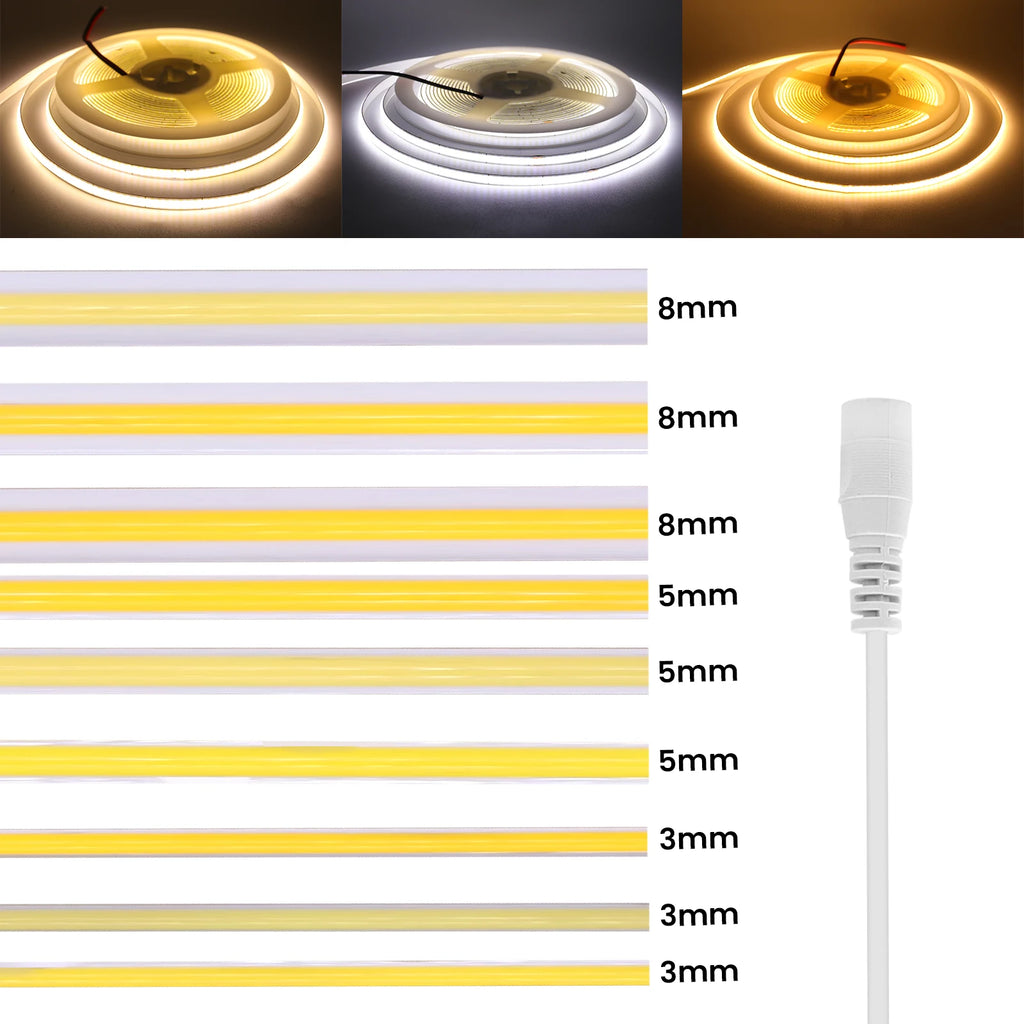 DC 5V/12V/24V COB LED Strip 3MM 5MM 8MM 320Leds/M High Density Flexible COB LED Tape Light For Cabinet Home Linear Lighting