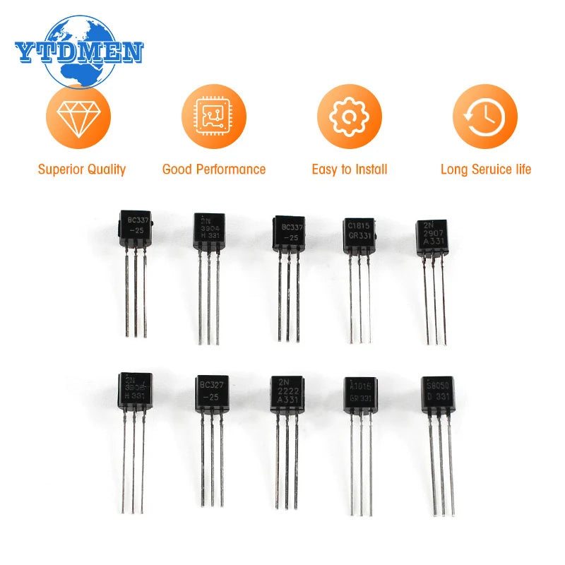100PCS 2N2222 Transistor TO-92 2N2907 2N3904 2N3906 A1015 BC327 BC337 C1815 S8050 S8550 PNP NPN Transistors Kit