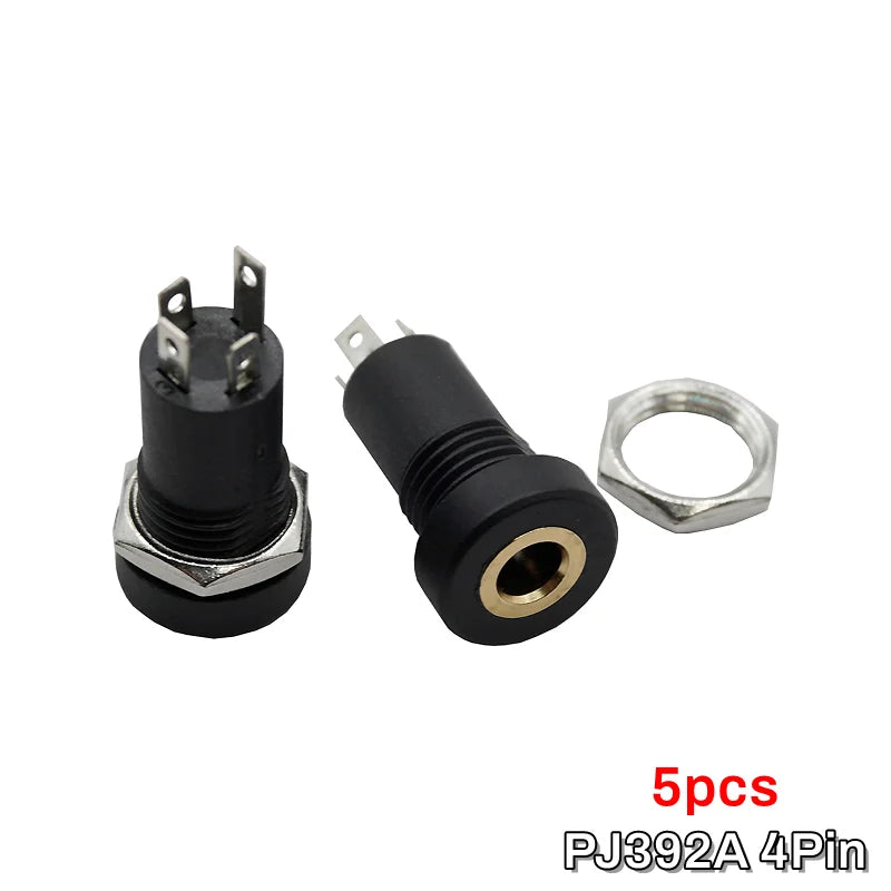 5PCS PJ392A 3.5MM Audio Jack Female Socket 3/4 Pole Stereo Solder Panel Mount Connector With Nuts PJ391 PJ-392A 3/4Pin Black