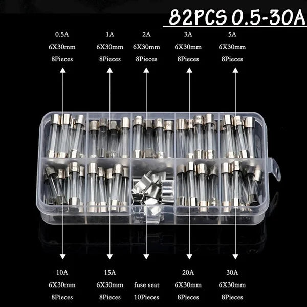 100Pcs  Fast-blow Glass Tube Fuses 5*20 Household Fuses Car Glass Tube Fuses Assorted Kit 5X20 with Box Fusiveis 0.1A-30A