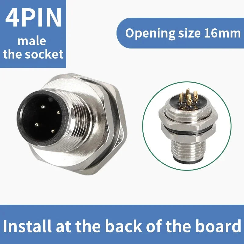 M12 male and female socket  4 5  8  pins weld IP67/68 Install front/rear panel waterproof circular connectors