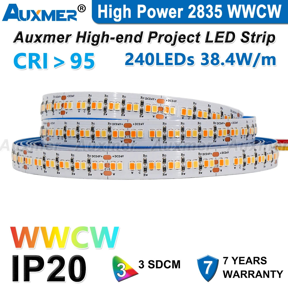 Auxmer 2835 WWCW LED Strip Lights,120LEDs/m 240LEDs/m,CRI＞95 Super Bright Flex LED DC12/24V,5m/reel,CCT 2400~6500K,IP20,3SDCM