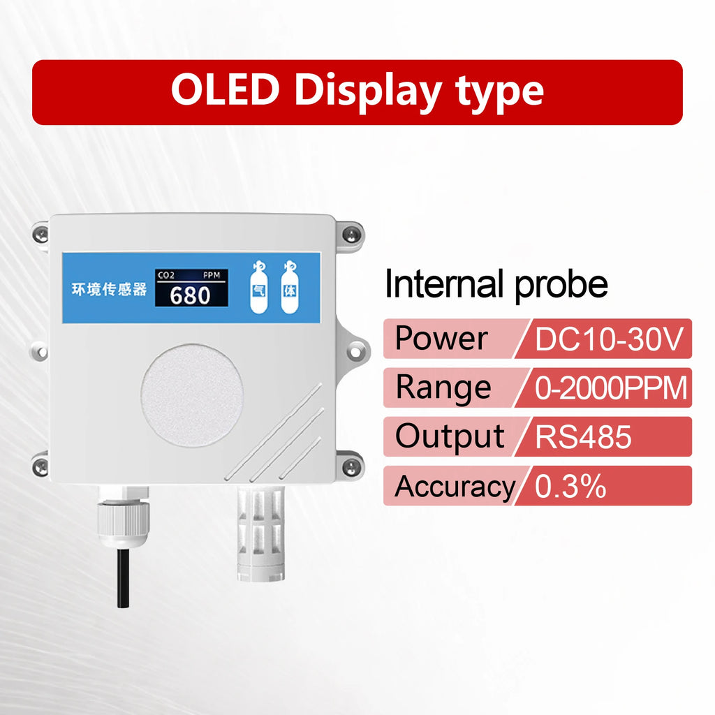 QT-10 CO2 Transmitter NDIR Carbon Dioxide Sensor RS485 4-20mA 0-5V 0-10V 10-30VDC IP65 for Greenhouse HVAC Factory