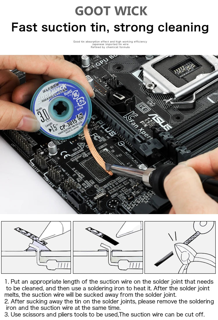 100% Original GOOT Solder Wick No-clean Tin Suction Line Tin Suction Tape Clean Tin Desoldering Wicks Soldering Paste