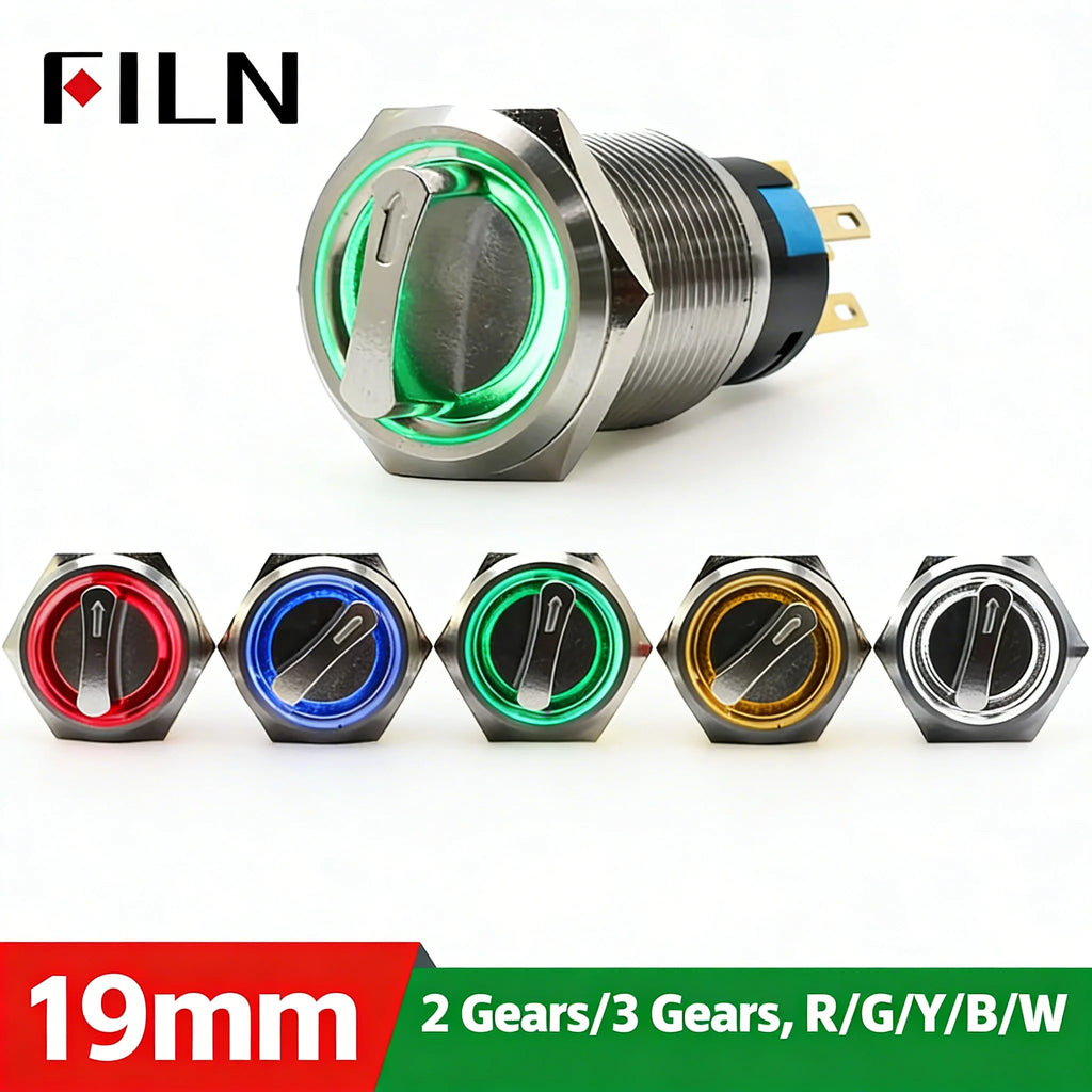19mm Illuminated Rotary Selector Switch (2/3 Positions) DPDT Latching 12V LED Multi-Color for Industrial/Automotive Applications