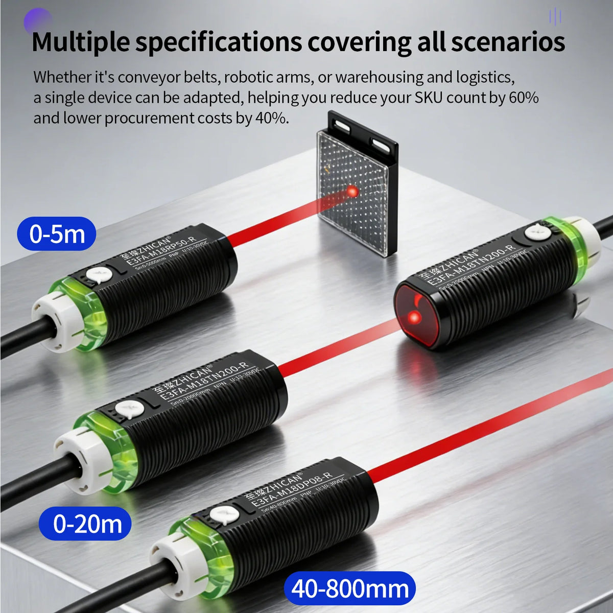 ZHICAN E3FA M18 Cylindrical Photoelectric Sensor Long Range Diffuse Reflective Through Beam Retro Reflective NPN PNP