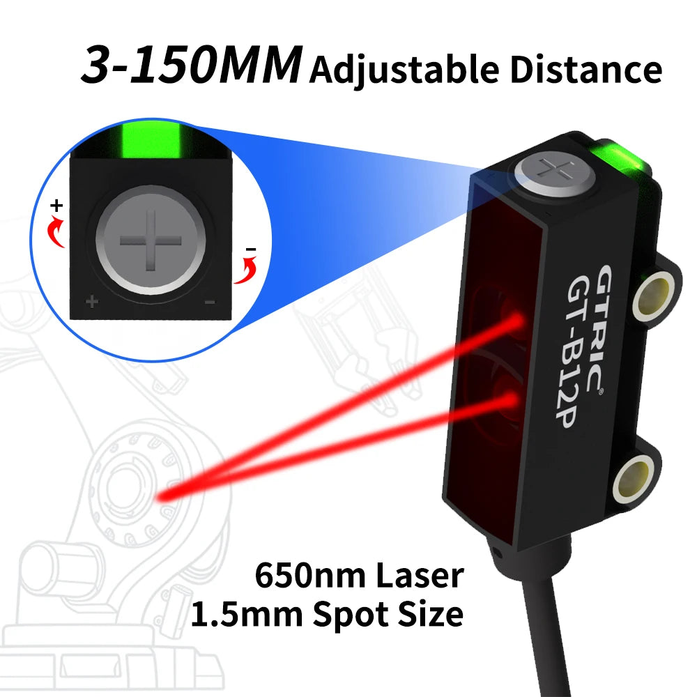 GTRIC Miniature laser Ptoelectronic Sensor NPN PNP Ultra-thin Diffuse Reflection Optical Sensor Switch 3-150mm 24V DC With BGS