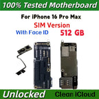 100% Unlocked Motherboard For iPhone 16 Pro Max With Face ID Support iOS Update Logic Board Clean ICloud Mainboard SIM Version