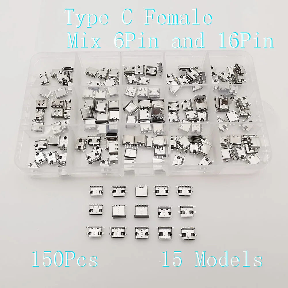 15Models/Box Type C USB-C JACK Charging Dock Connectors Mix 6Pin and 16Pin Type-C Female SMD DIP PCB Soldering DIY Repair Socket