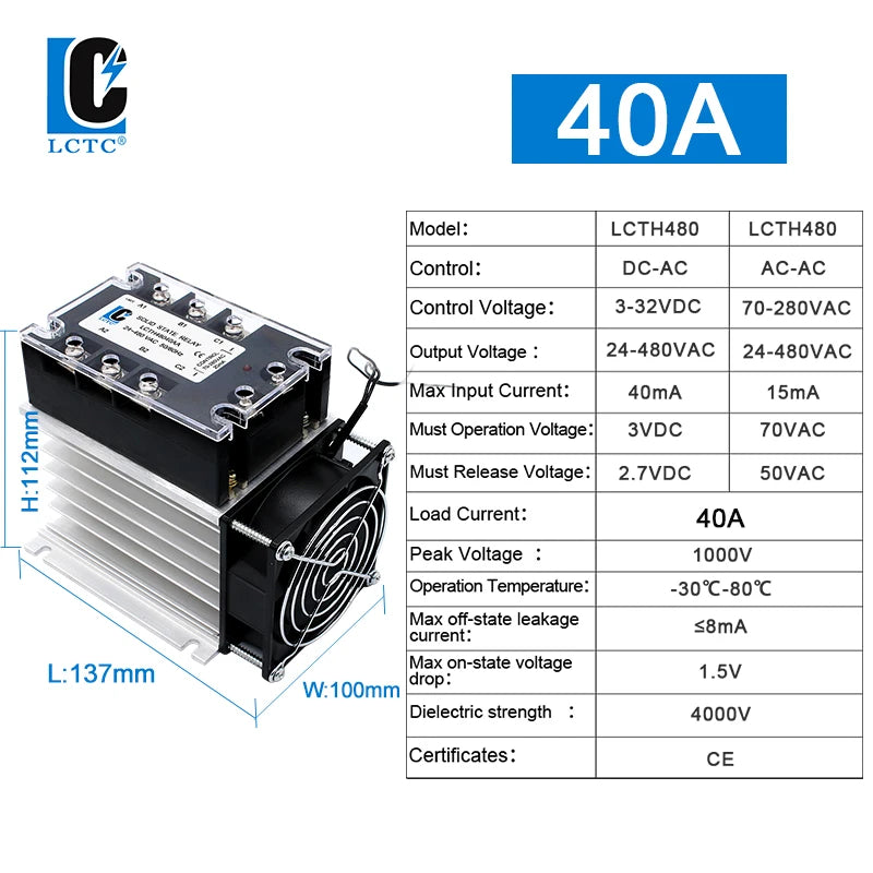 LCTC Three Phase Solid State Relay SSR Zero Cross 3-phase Load Relay 3-32VDC Control With Radiator 380V10A 25A 40A 60A 80A 100A