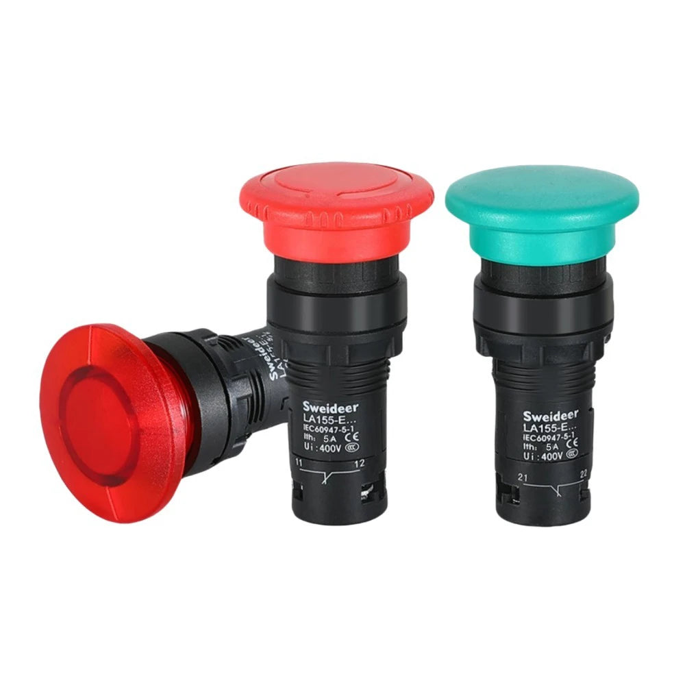 22mm Mushroom Button Switch Momentary Self Reset Emergency Stop Push Button Switch Power Start Switch with Light Red Green 5A