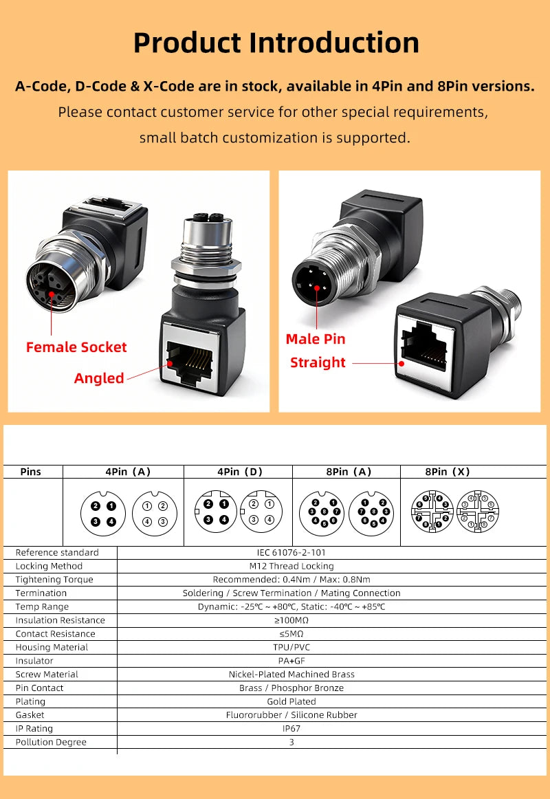 BYXGD M12 X-Code 8Pin A-Code D-Code 4Pin to RJ45 Panel Mount Adapter IP67 Waterproof Ethernet Connector Straight Angled Type