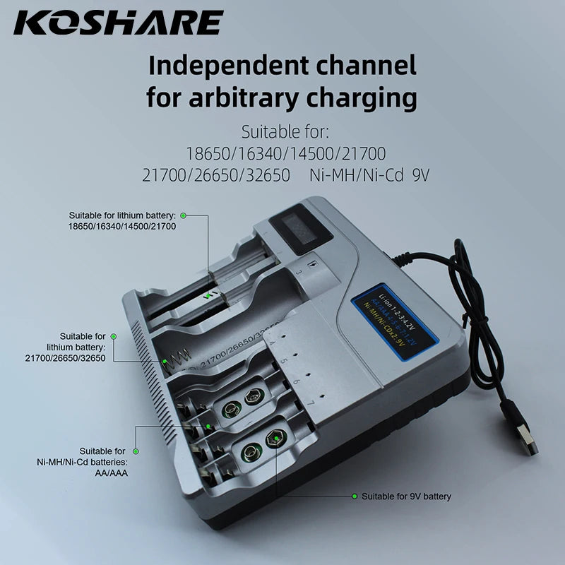 KOSHARE LED Smart Battery Charger For AA AAA Ni-MH Ni-Cd 9V Batteries 18650/16340/14500/21700 /26650/32650 Lithium Battery