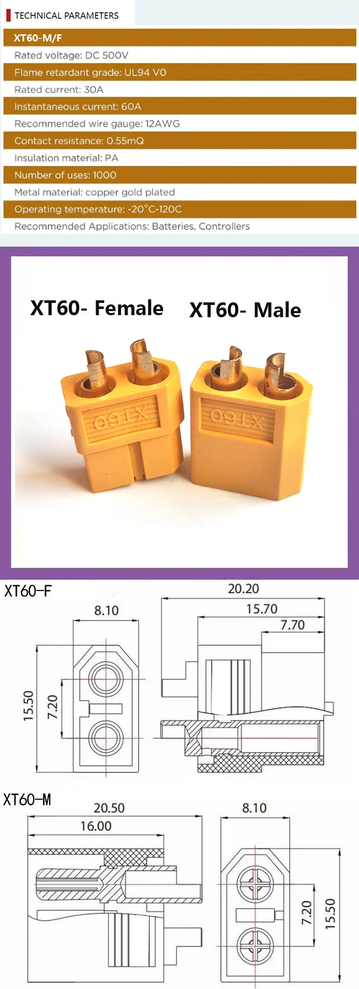 XT60 Male Female Connector Plug Set with Silicone Insulation 12AWG/14AWG Battery Extension Cable for RC Lipo Batteries And Drone