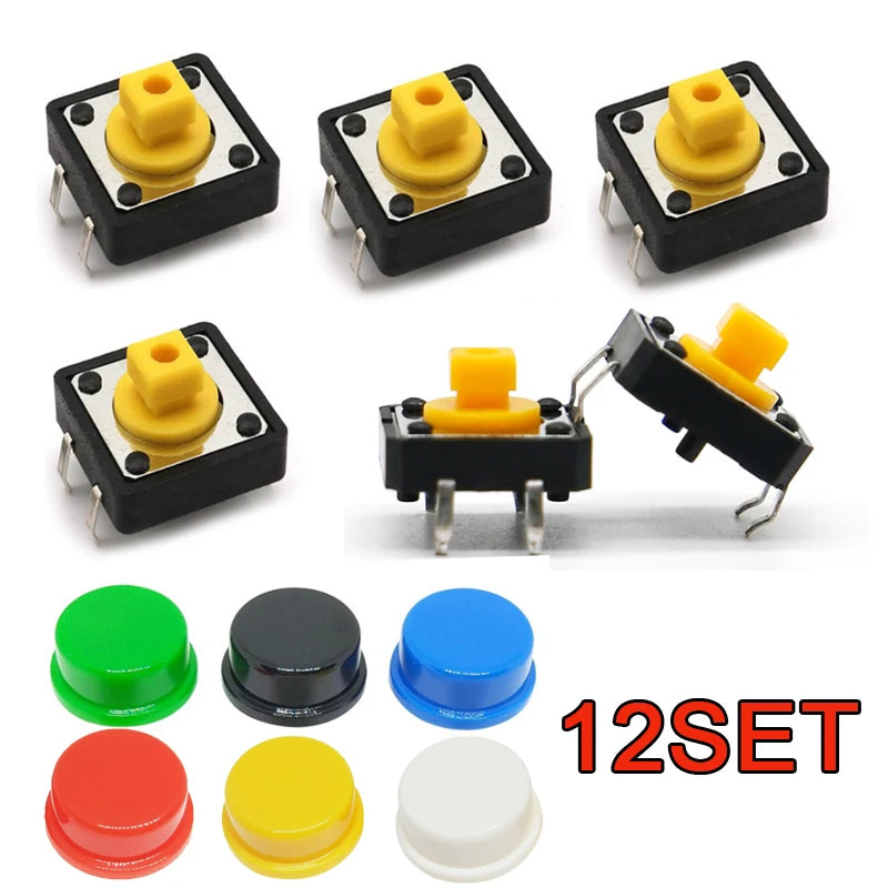 12set Tactile Push Button Switch Momentary 12*12*7.3MM Micro switch button with knob Yellow Green Red Kit 12x12x7.3