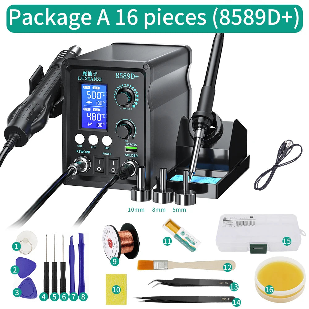 LUXIANZI 8589D+ 2 IN 1 Hot Air Gun Soldering Station With LED Digital Display For BGA PCB IC Repair Tool SMD Rework Station