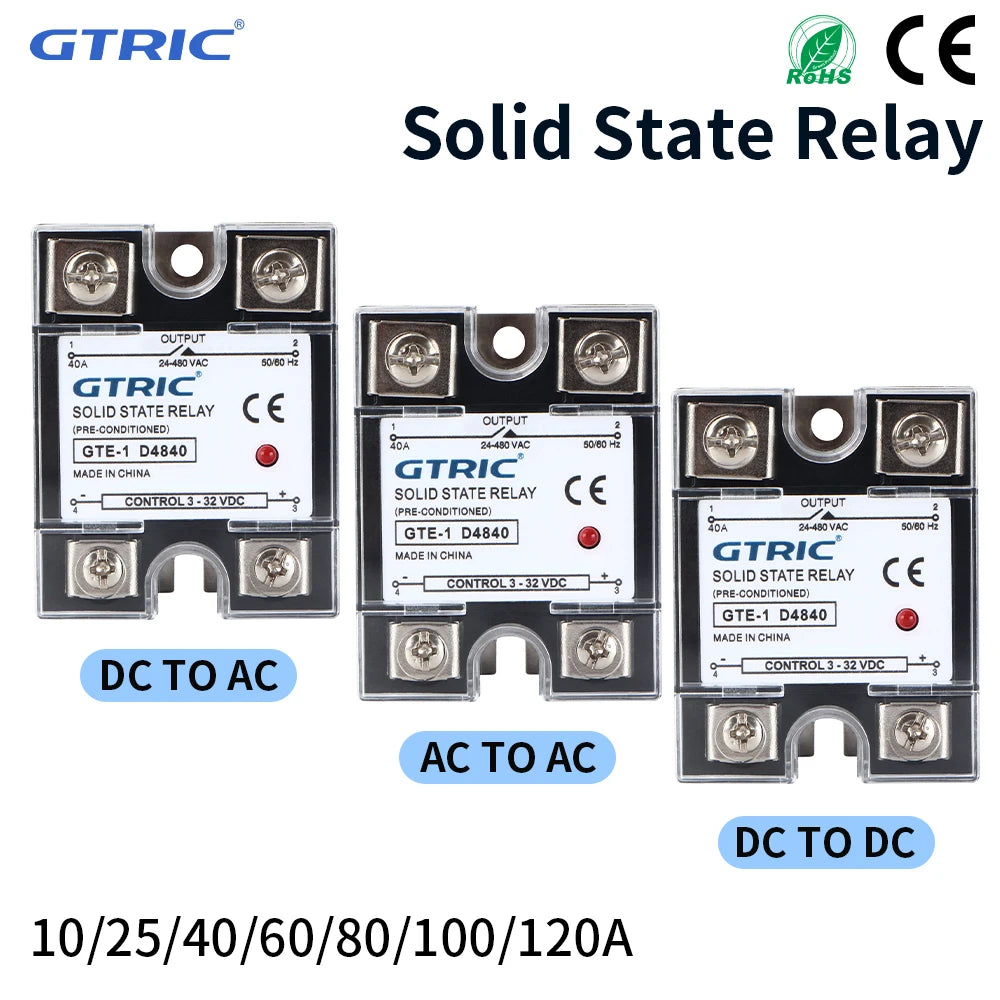 GTRIC SSR Solid State Relay Module 10A 25A 40A 50A 60A 80A 100A DC To AC AC To AC DC To DC 24-380V AC Single Phase Control Relay