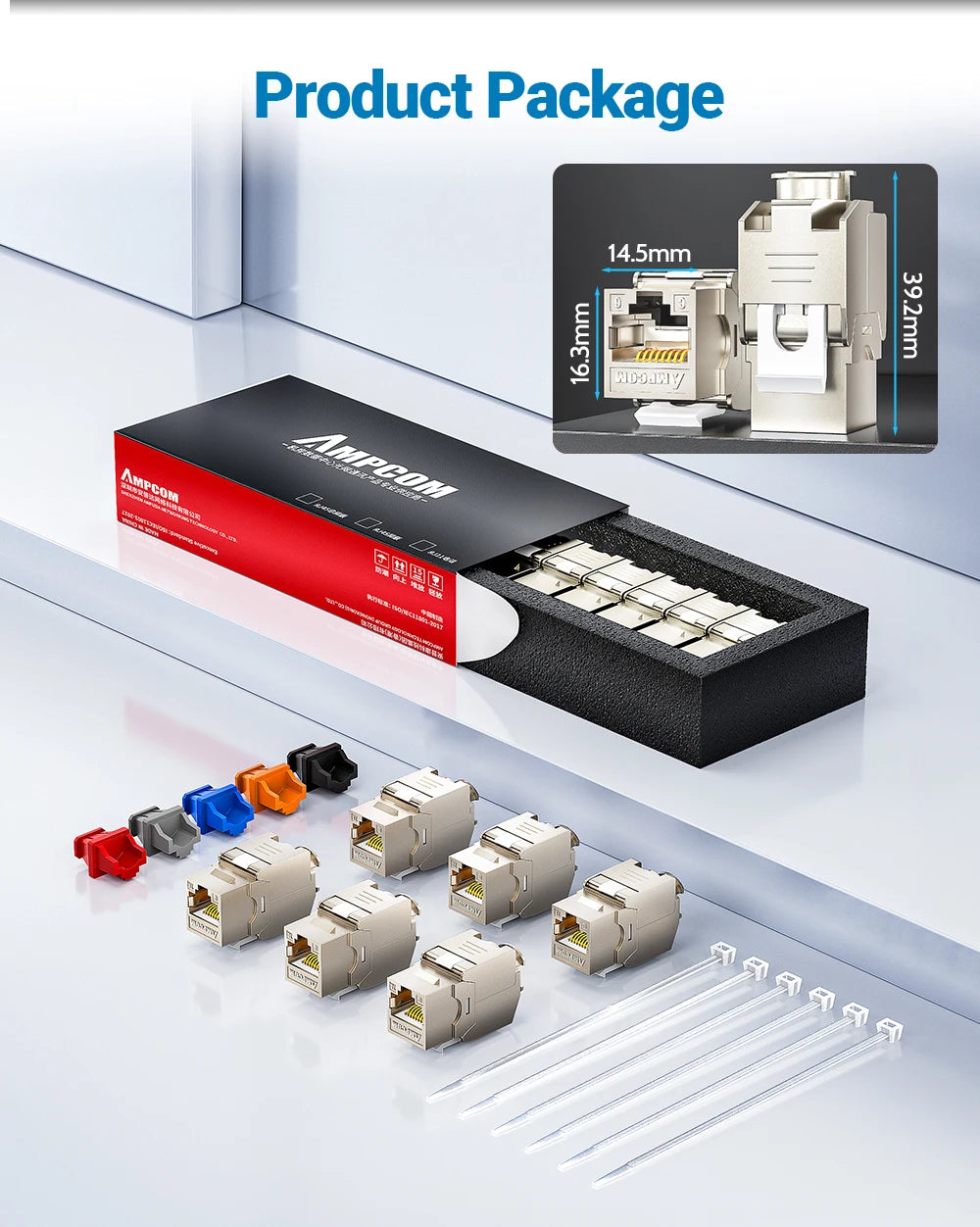 AMPCOM Pro Cat7/6A/6 Shielded Keystone Jack, Zinc Alloy Toolless RJ45 Connector with 50u Gold Plated Pins for High-Speed Network