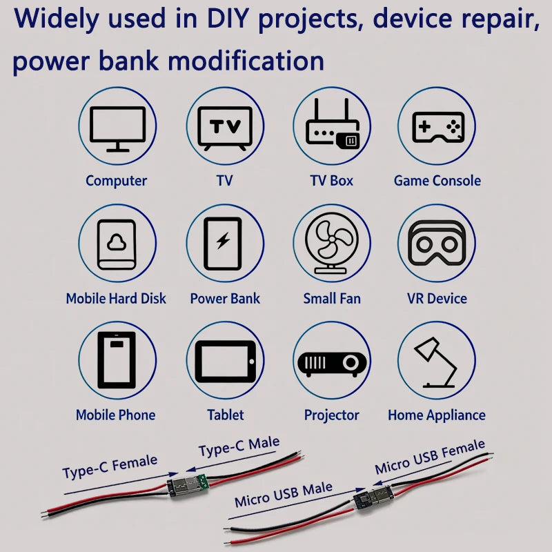 2/5/10/20pcs 2Pin Type‑C/Micro USB Male Female Connector With 6cm Pre‑soldered Wires 5V Charging Jack for DIY Projects Repair