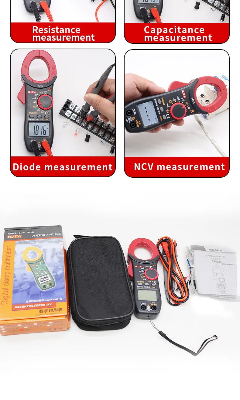 Digital Clamp Meter DC/AC Volt Amp Ohm Diode Multimeter Ammeter Multitester Current Voltage Resistance Tester NCV NJTY 3266TA