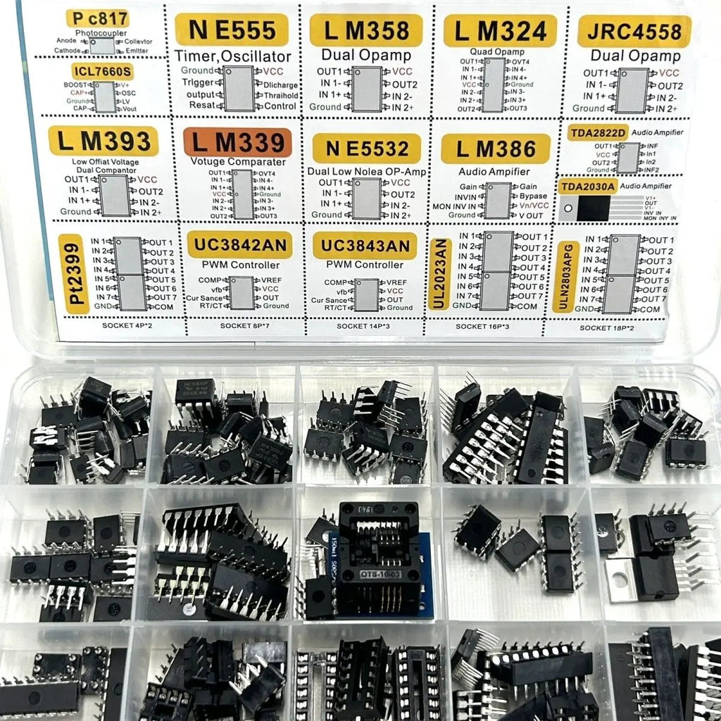 150Pcs Assorted IC Chip Kit Op-Amp Oscillator PC817 NE555 LM358 LM324 Transistor Array Electronic Components Set with Sockets