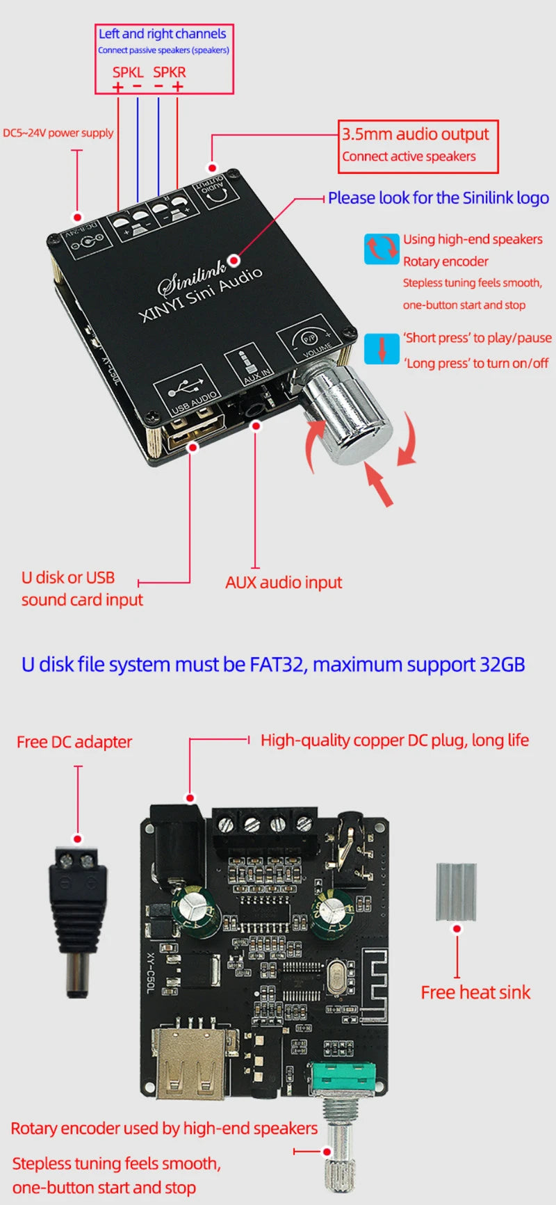 XINYI Sini Audio C50L/C100L Stereo Bluetooth Digital Power Amplifier Board 50W Dual Channel 360 Degree Stepless Tuning AMPModule