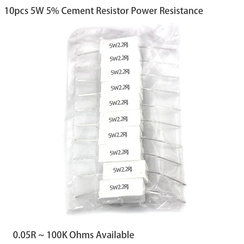 10PCS 5W 5% Cement Resistor Power Resistance 0.1R-100K 1R 2.7R 10R 43R 470R 0.15 0.25 0.47 0.68 1 3 10 12 22 27 47 100 500 ohm